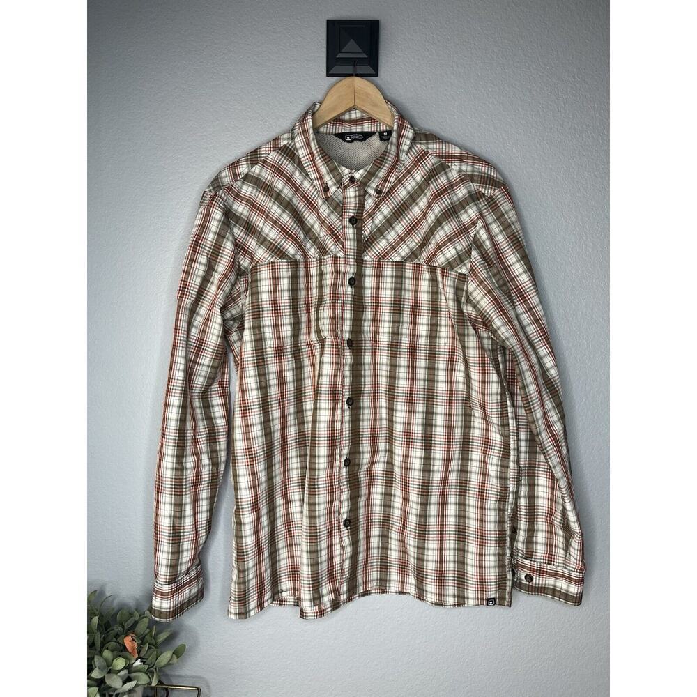EMS Shirt Mens Medium Brown Orange Plaid Vented Fishing Performance Long Sleeve